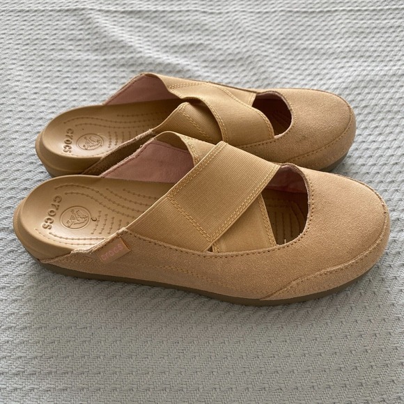 CROCS Shoes - Crocs Slip On Mule Shoes Edie Womens 8 Tan Suede Leather Comfort Strap 15489 EXC